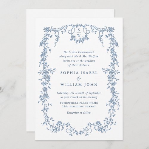 Elegant Dusty Blue French Garden Floral Wedding Invitation