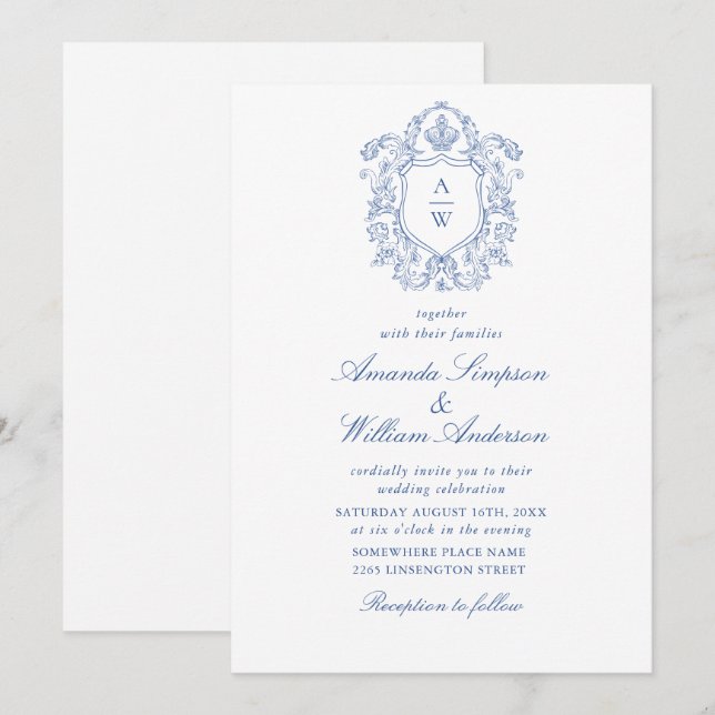 Elegant Dusty Blue French Garden Floral Wedding Invitation (Front/Back)