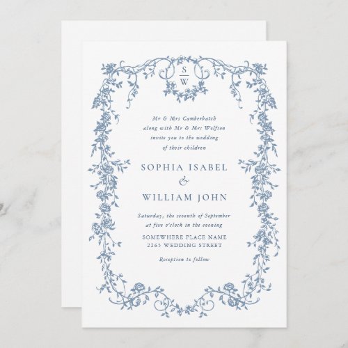 Elegant Dusty Blue French Garden Floral Wedding Invitation