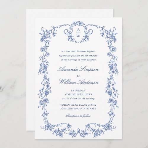 Elegant Dusty Blue French Garden Floral Wedding Invitation