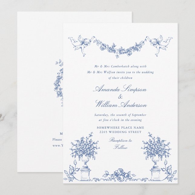 Elegant Dusty Blue French Garden Floral Wedding Invitation (Front/Back)