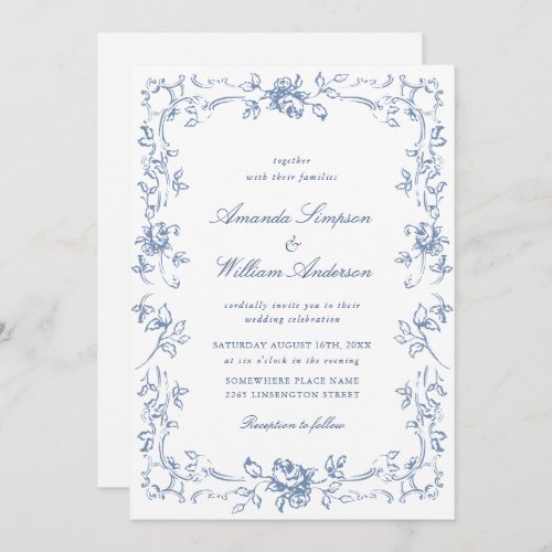 Elegant Dusty Blue French Garden Floral Wedding Invitation