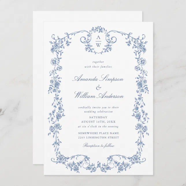 Elegant Dusty Blue French Garden Floral Wedding Invitation | Zazzle