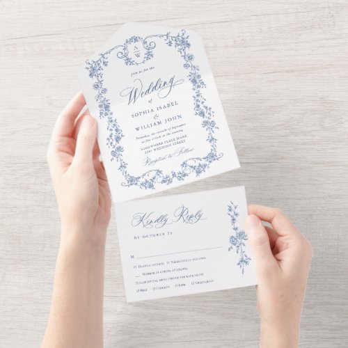 Elegant Dusty Blue French Garden Flowers Wedding All In One Invitation
