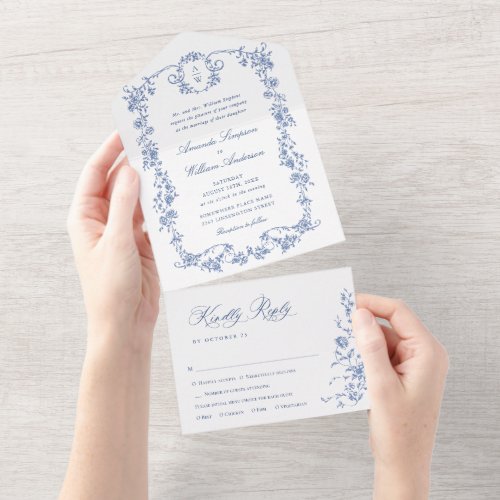 Elegant Dusty Blue French Garden Flowers Wedding All In One Invitation