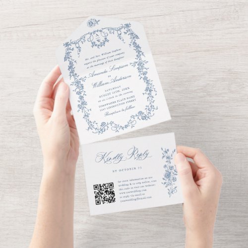 Elegant Dusty Blue French Garden Flowers Wedding All In One Invitation