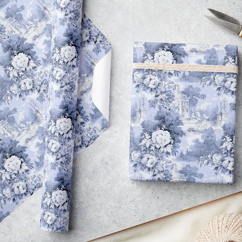 Elegant Dusty Blue French Roses Toile Floral Wrapping Paper