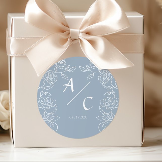 Elegant Dusty Blue French Roses Wedding Classic Round Sticker (Creator Uploaded)