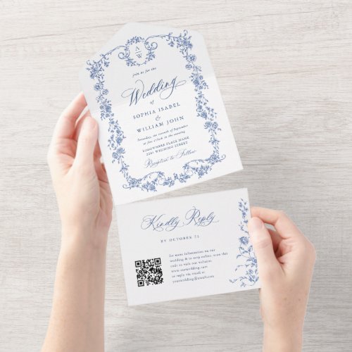 Elegant Dusty Blue French Toile QR code Wedding All In One Invitation