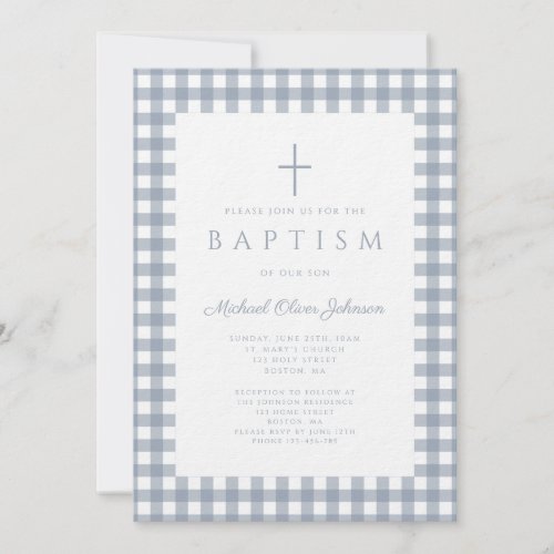 Elegant Dusty Blue Gingham Boy Baptism Invitation