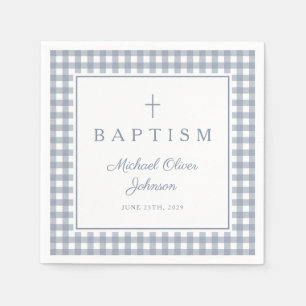 Elegant Dusty Blue Gingham Boy Baptism Napkins