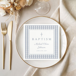 Elegant Dusty Blue Gingham Boy Baptism Napkins