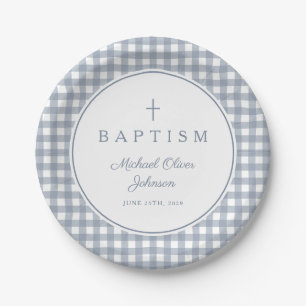 Elegant Dusty Blue Gingham Boy Baptism Paper Plates
