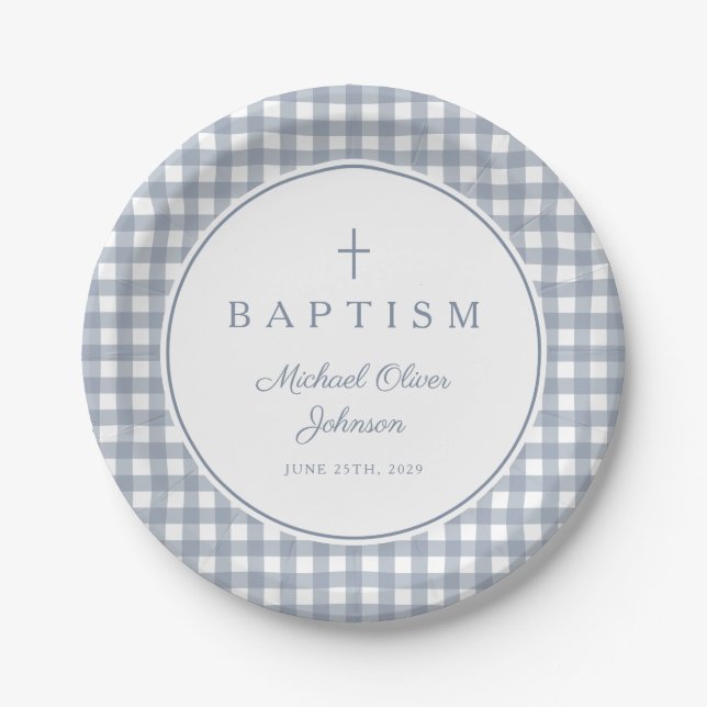 Elegant Dusty Blue Gingham Boy Baptism Paper Plates (Front)