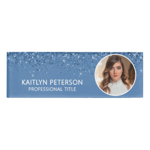 Elegant Dusty Blue Glitter Employee Photo ID Name Tag