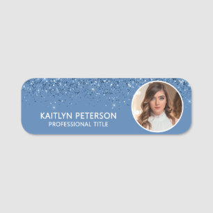 Elegant Dusty Blue Glitter Magnetic Employee Photo Name Tag