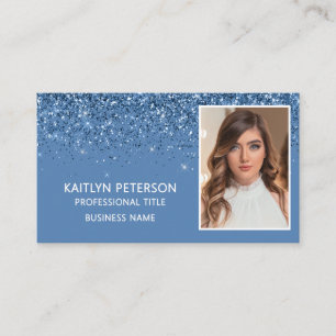 Elegant Dusty Blue Glitter Photo QR Code Business Card