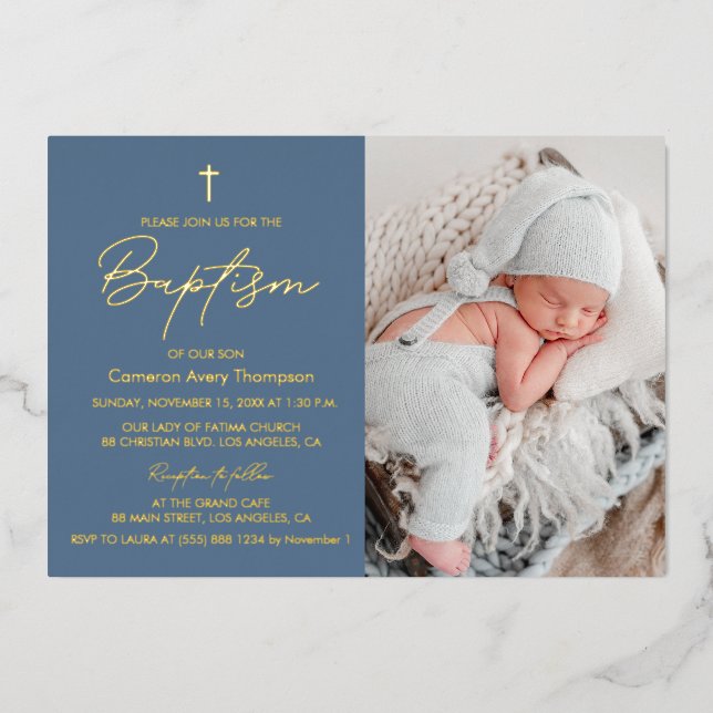 Elegant Dusty Blue Gold Cross Baby Baptism Photo Foil Invitation (Front)