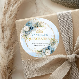 Elegant Dusty Blue Gold Eucalyptus Quinceañera  Classic Round Sticker