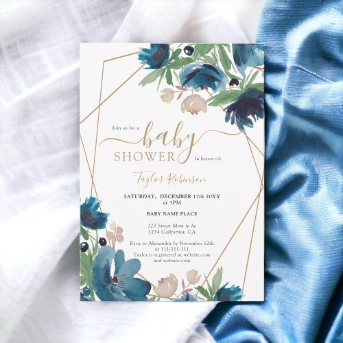 Elegant dusty blue gold Floral Baby shower Invitation