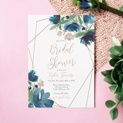 Elegant dusty blue gold Floral Bridal Shower Invitation