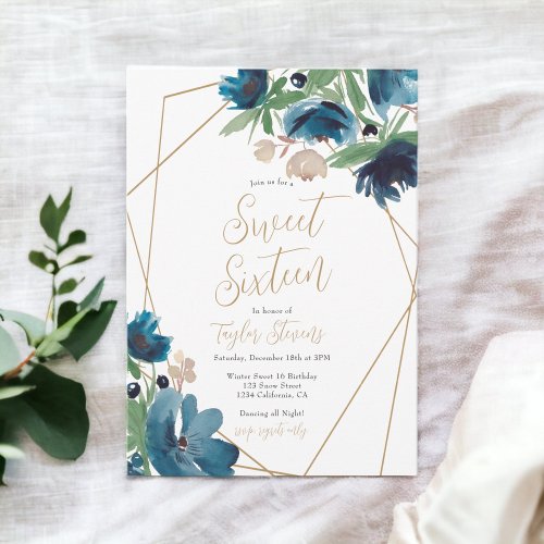 Elegant dusty blue gold Floral Watercolor Sweet 16 Invitation