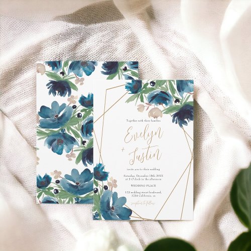 Elegant dusty blue gold Floral Watercolor Wedding Invitation