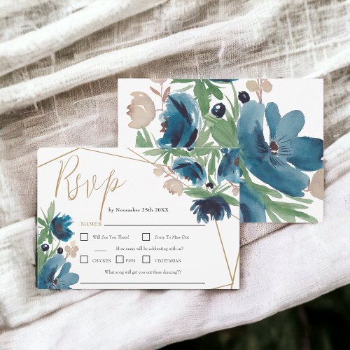Elegant dusty blue gold Floral Watercolor Wedding RSVP Card