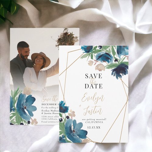 Elegant dusty blue gold Floral Watercolor Wedding Save The Date