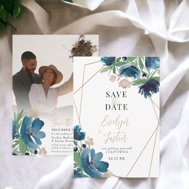 Elegant dusty blue gold Floral Watercolor Wedding Save The Date (Elegant dusty blue gold Floral Watercolor Wedding Save The Date)