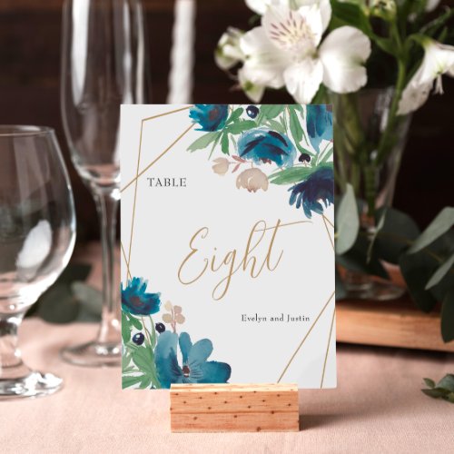 Elegant dusty blue gold Floral Watercolor Wedding Table Number