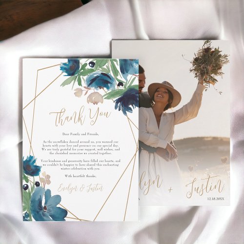 Elegant dusty blue gold Floral Watercolor Wedding Thank You Card
