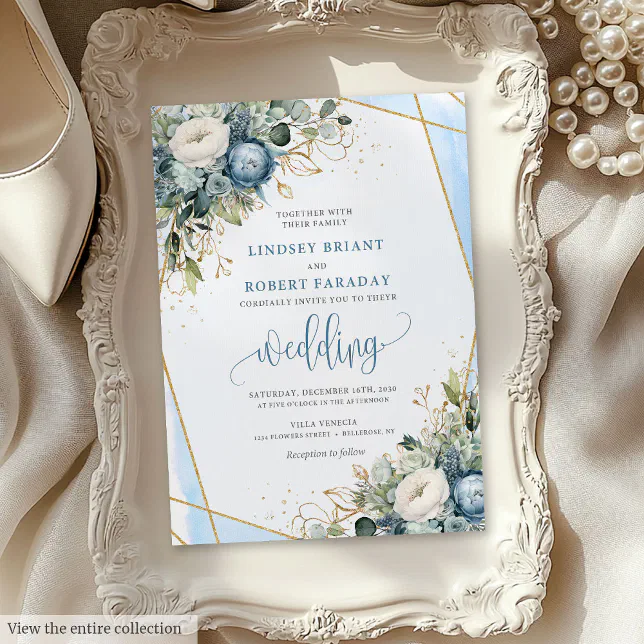 Elegant Dusty Blue Gold Floral Wedding Invitation | Zazzle