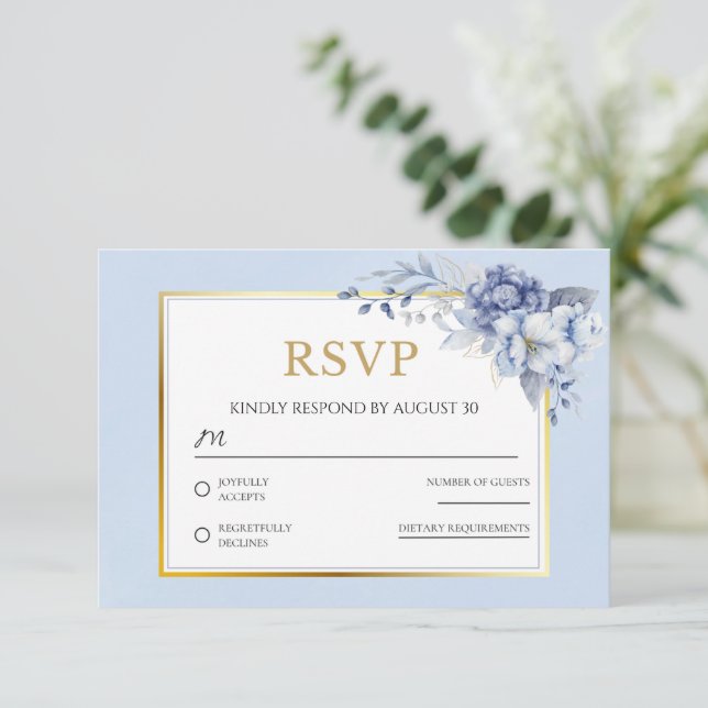 Elegant Dusty Blue gold Floral Wedding RSVP Card (Standing Front)