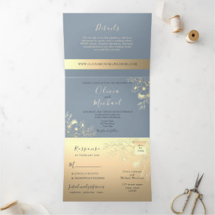 Elegant Dusty Blue Gold Floral Wedding Tri-Fold Invitation