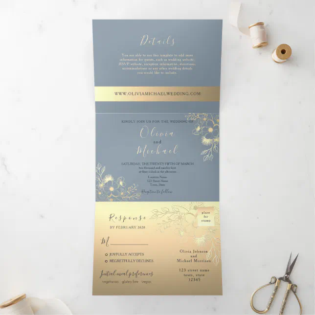 Elegant Dusty Blue Gold Floral Wedding Tri-Fold Invitation | Zazzle