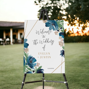 Elegant dusty blue gold Floral Wedding Welcome Foam Board