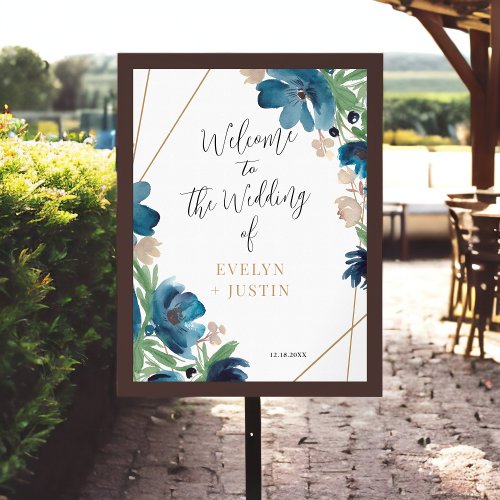 Elegant dusty blue gold Floral Wedding Welcome Poster