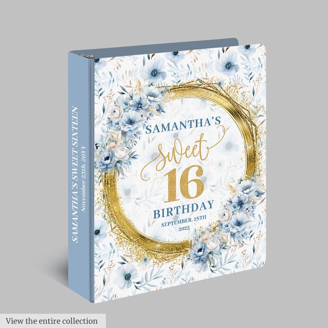 Elegant Dusty Blue Gold Glitter Sweet Sixteen  3 Ring Binder (Dusty blue floral roses peonies, 
light blue floral gold glitter,
baby blue floral romantic flowers )