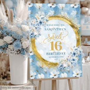 Elegant Dusty Blue Gold Glitter Sweet Sixteen Sign