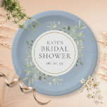 Elegant Dusty Blue Gold Greenery Bridal Shower  Paper Plates<br><div class="desc">Featuring delicate watercolor greenery leaves on a dusty blue background,  these chic botanical bridal shower paper plates can be personalized with your special bridal shower details. Designed by Thisisnotme©</div>