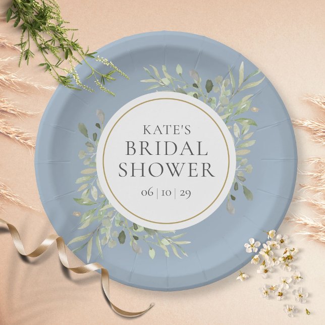Elegant Dusty Blue Gold Greenery Bridal Shower  Paper Plates (Creator Uploaded)