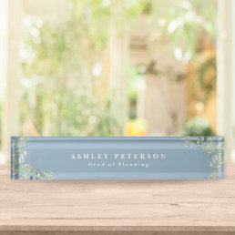 Elegant Dusty Blue Gold Greenery Desk Name Plate