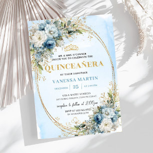 Elegant Dusty Blue Gold Greenery Quince Invitation