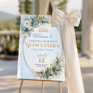 Elegant Dusty Blue Gold Greenery Quince Welcome  Foam Board