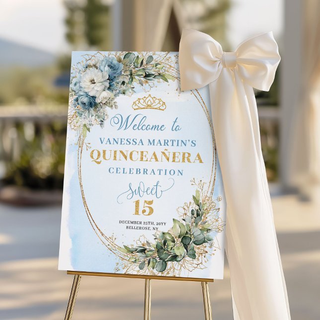 Elegant Dusty Blue Gold Greenery Quince Welcome  Foam Board (Elegant Dusty Blue Gold Greenery Quince Welcome Poster)