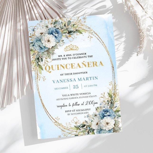 Elegant Dusty Blue Gold Greenery Quinceañera  Invitation (Elegant Dusty Blue Gold Greenery Quinceañera Invite)