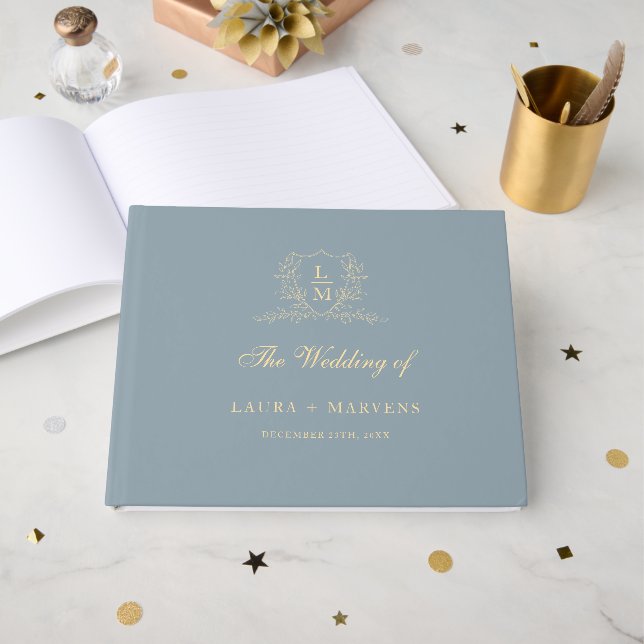 Elegant Dusty Blue & Gold Grest Monogram Wedding Guest Book (Front Open)