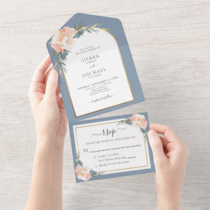 Elegant Dusty Blue Gold Peach Cream Floral Wedding All In One Invitation