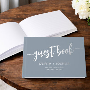 Elegant Dusty Blue Gold Photo Minimalist Foil Guest Book
